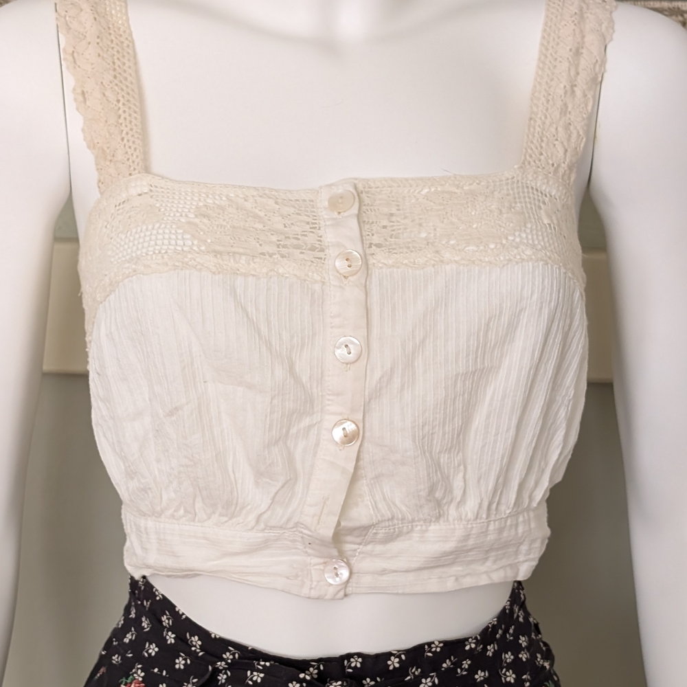 Urban Outfitters Beige Lace Button Tank Top